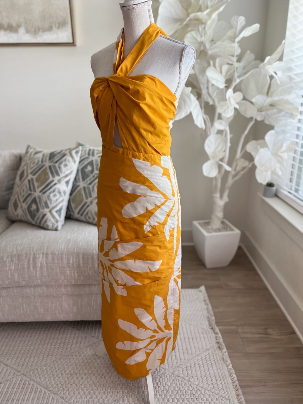 Johanna Ortiz Chiricahua Printed Cotton Poplin Mustard Yellow Halter Dress 2 - Picture 7 of 9